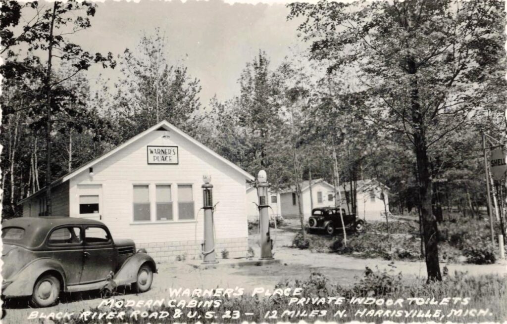 Warner’s Place circa late 1930s – a roadside cabin court and Shell gas stop 12 miles north of Harrisville (postcard dated 1938).