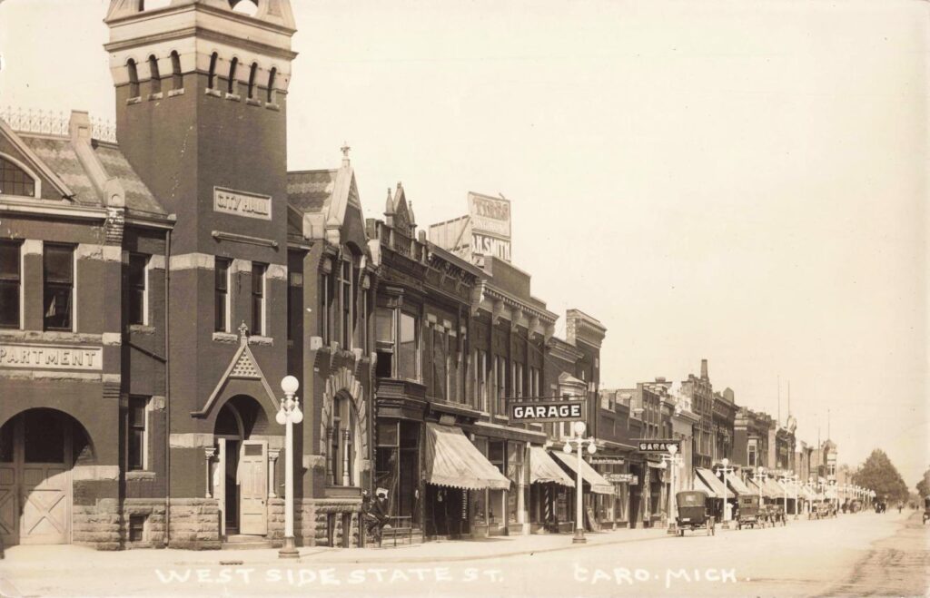 History of Caro Michigan with a historic street view of town.