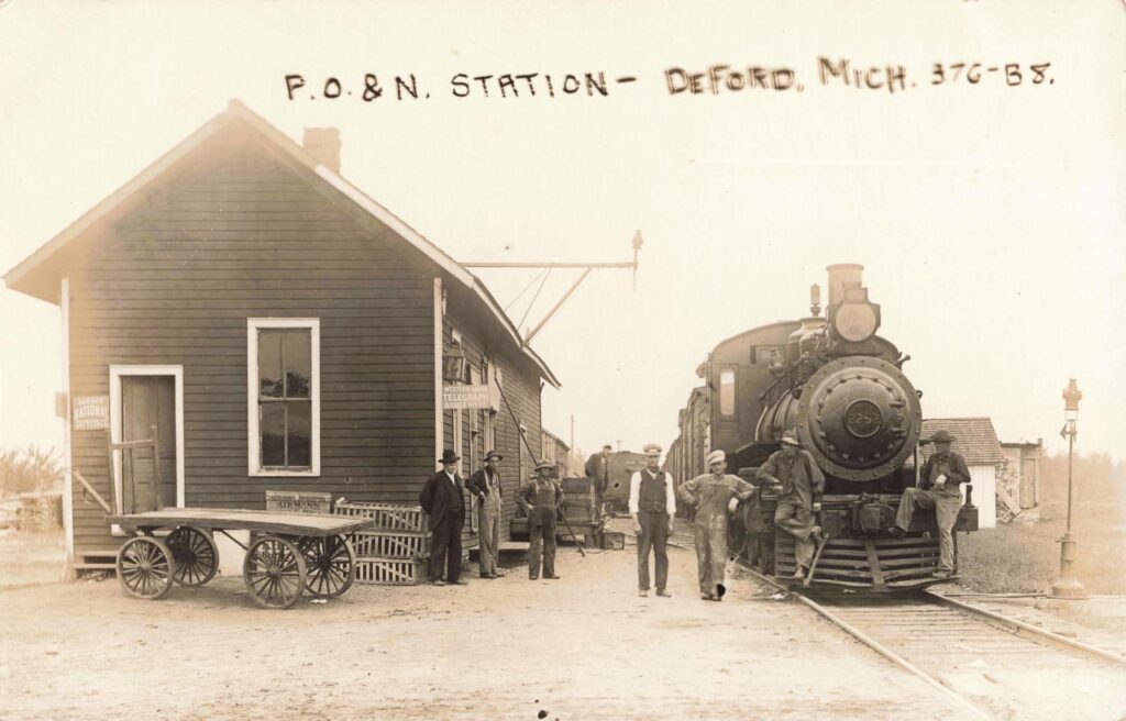 The Pontiac, Oxford & Northern Railroad depot was Deford's connection to the outside world. Passenger trains, freight cars, mail, and farm products all passed through this station during the early 1900s.
