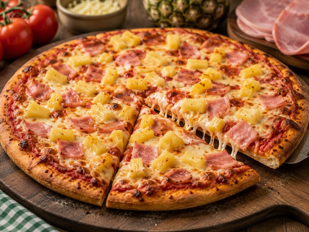 Chatham-created pizza with ham, pineapple, melted cheese and a crisp golden crust.