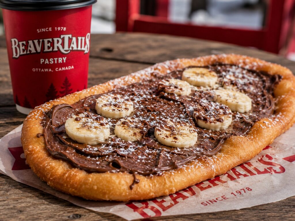 he famous Ottawa fried pastry with chocolate-hazelnut spread, banana slices and powdered sugar.
