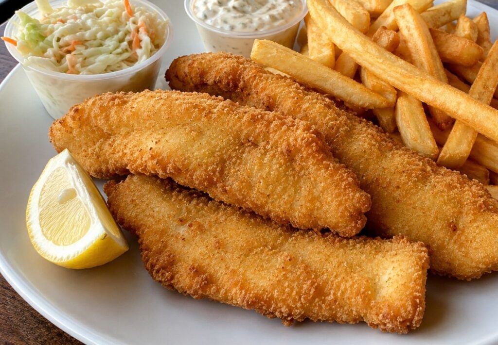 a traditional perch dinner with crisp fillets, fries, coleslaw, lemon and tartar sauce