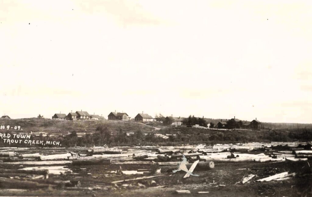 Red Town worker housing overlooking logging debris at Trout Creek Michigan.