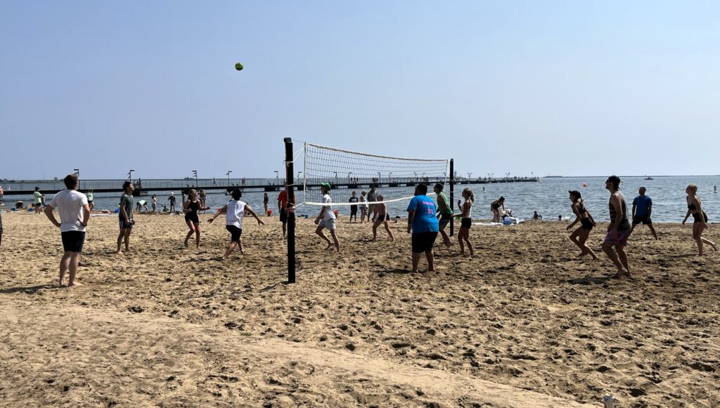 Beach volleyball game in progress