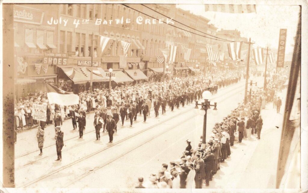 Fourth of July parade in downtown Battle Creek Michigan during World War I in 1918