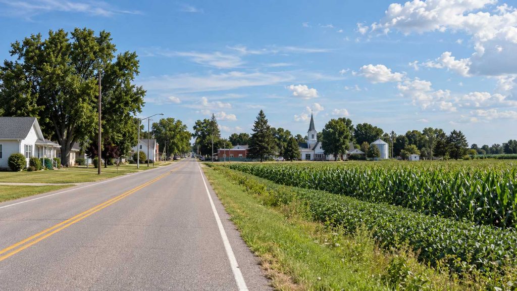 Rural Michigan village street beside cornfields under a summer sky.