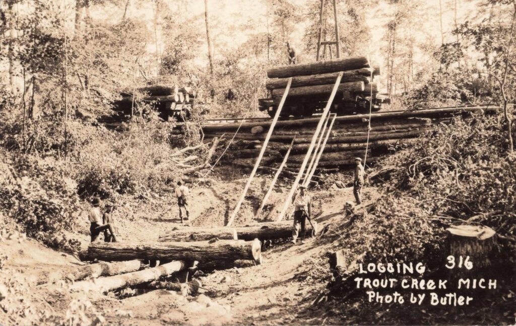 Early logging crew moving large logs near Trout Creek Michigan.