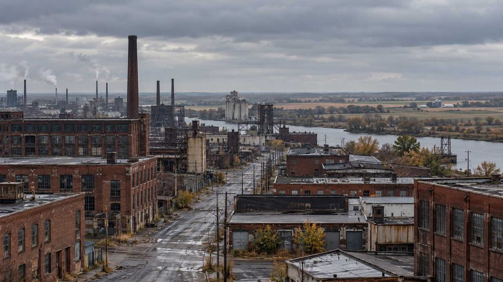 A fictional industrial city of brick factories beneath a gray sky.