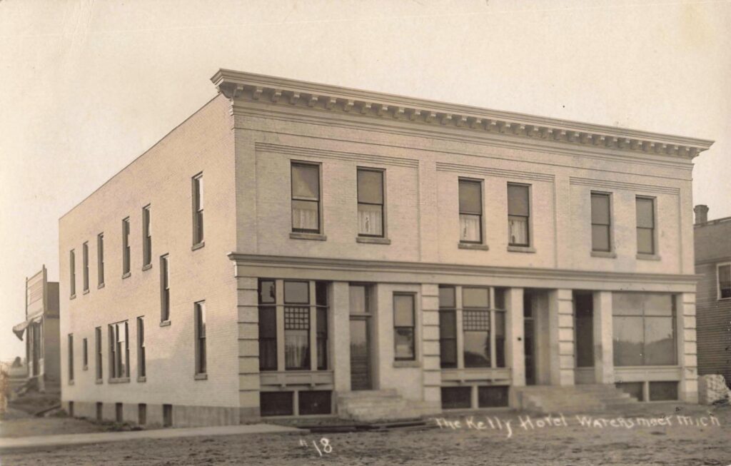 Kelly Hotel in Watersmeet Michigan in early 1900s postcard view.