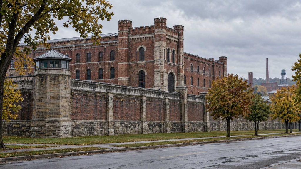 Historic red-brick prison building behind a stone wall on a tree-lined street.