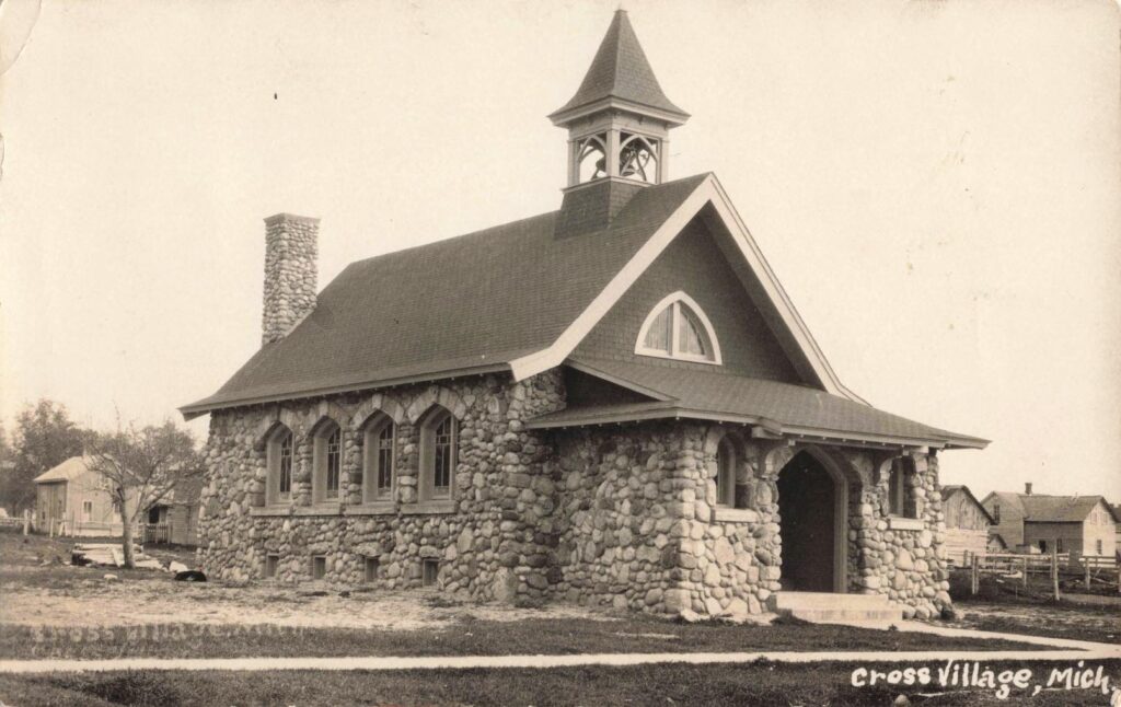 Fieldstone church in Cross Village, Michigan, likely Redpath Memorial Presbyterian Church after its 1921 rebuilding.