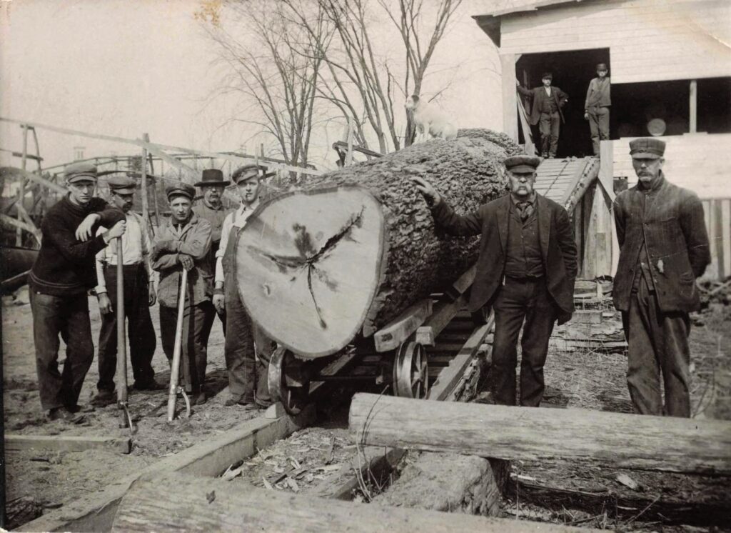 Sawmill workers pose beside a huge log, showing the size of the timber that powered Hubbardston’s early economy.