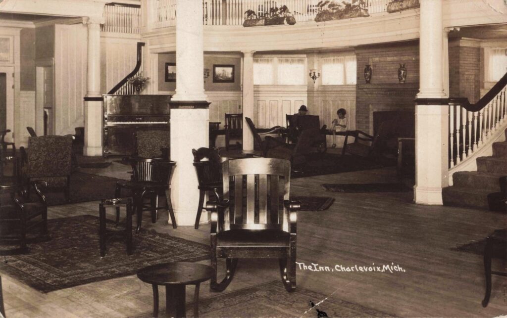 Historic inn interior with seating.