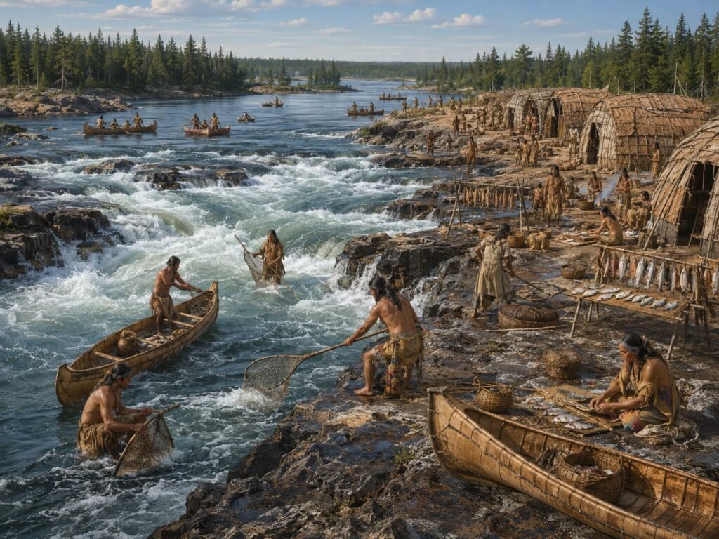 Indigenous people fishing by river