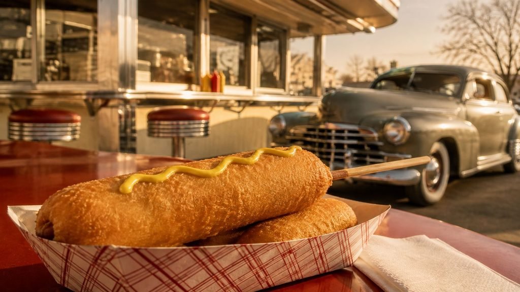 Corn dogs with mustard, vintage car