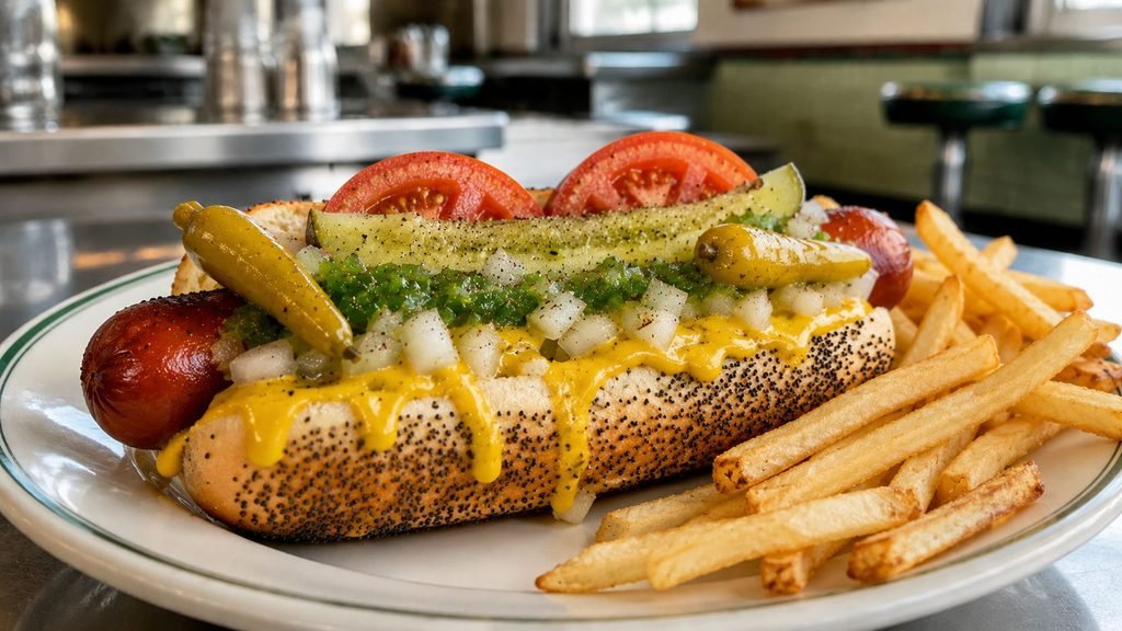 Classic Chicago-style hot dog with fries