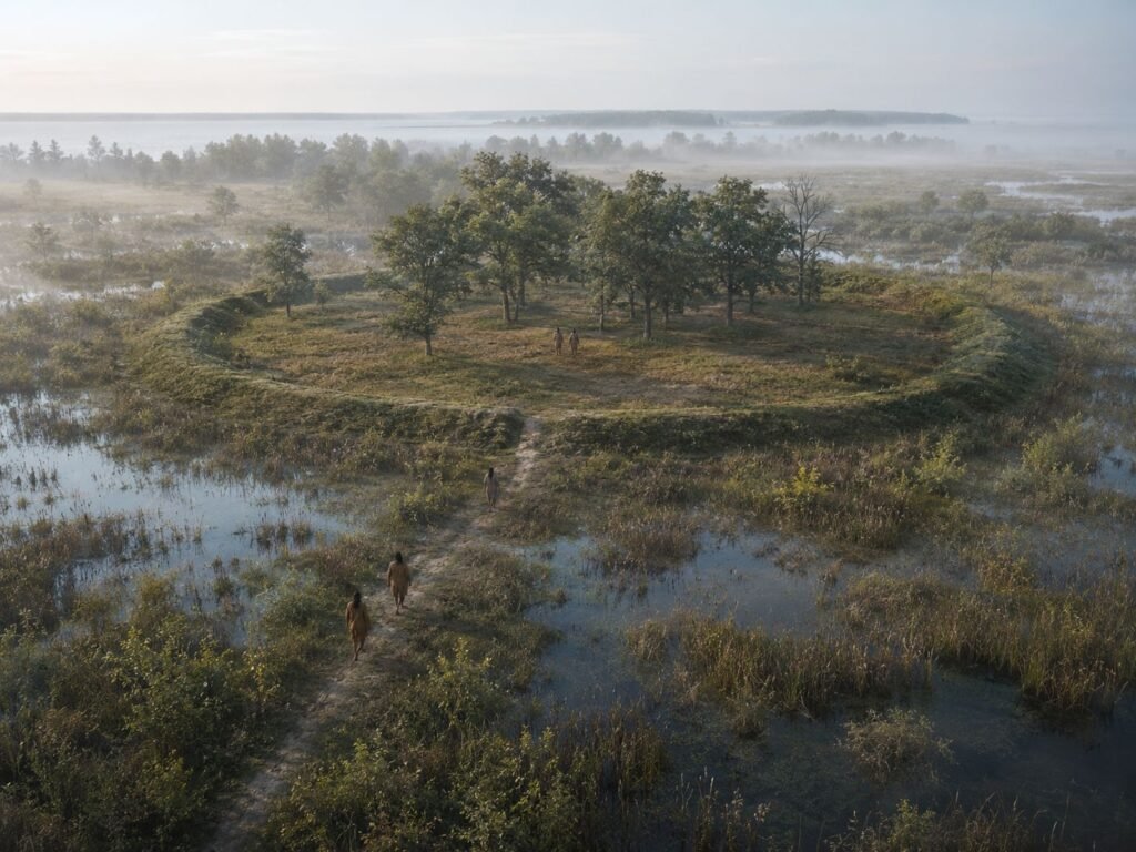 Misty landscape with circular earthwork