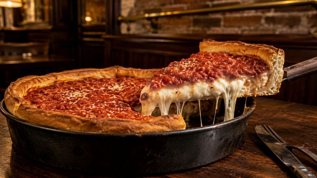 Cheesy deep-dish pizza with sauce