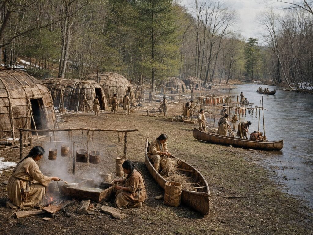 Indigenous people at riverside camp - Indigenous settlements in Michigan