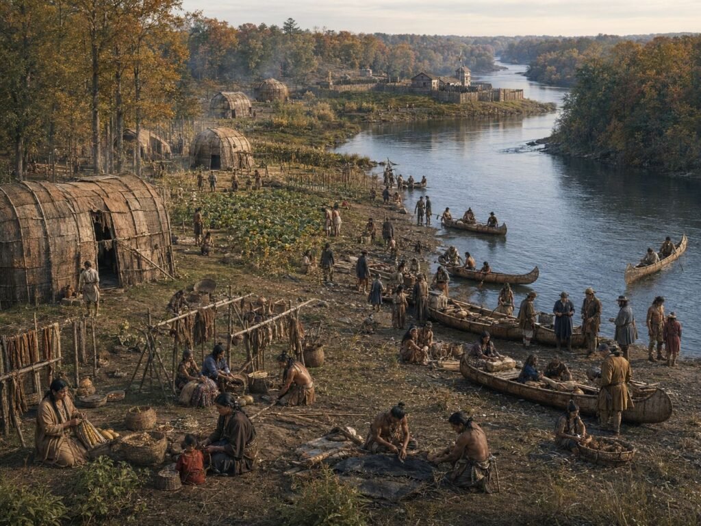Historic settlement by a riverbank