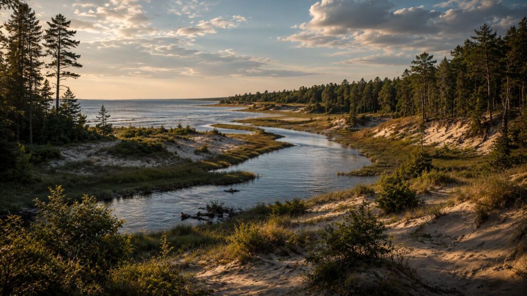 Serene river winding through lush landscape.