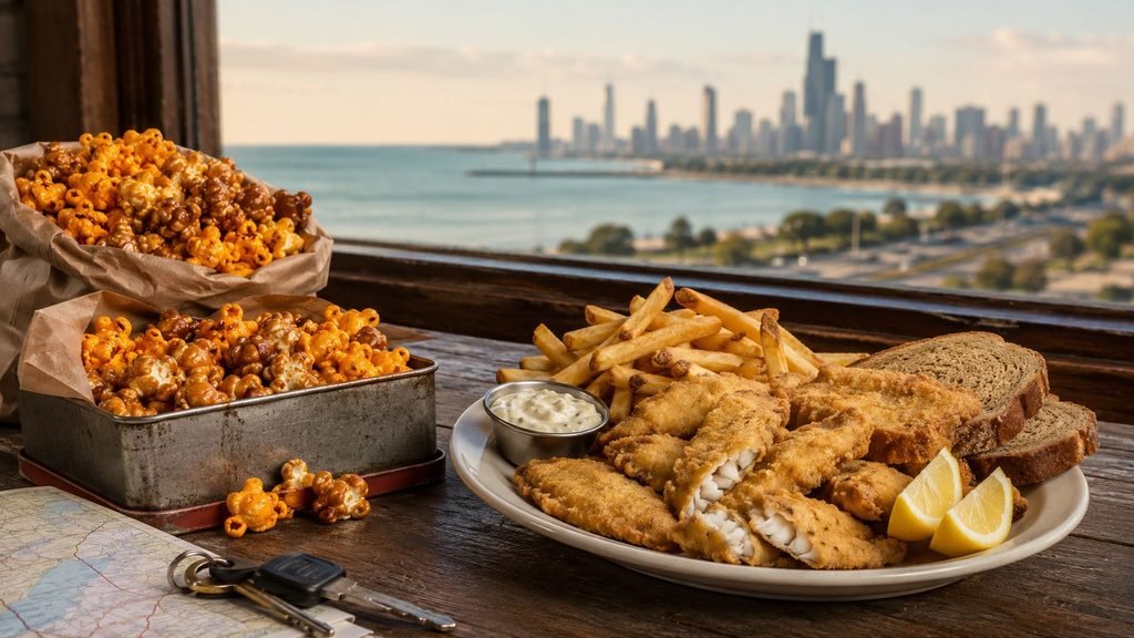 Fried fish, fries, popcorn, city view