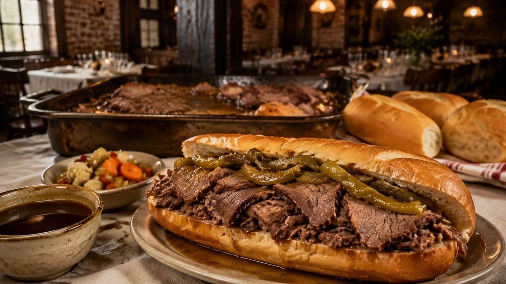 Italian beef sandwich with sides