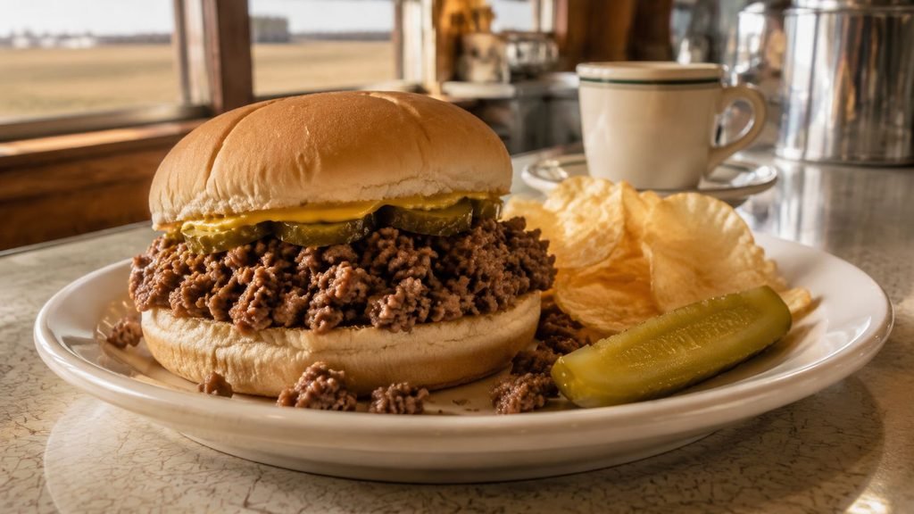 Loose meat sandwich with pickles and chips