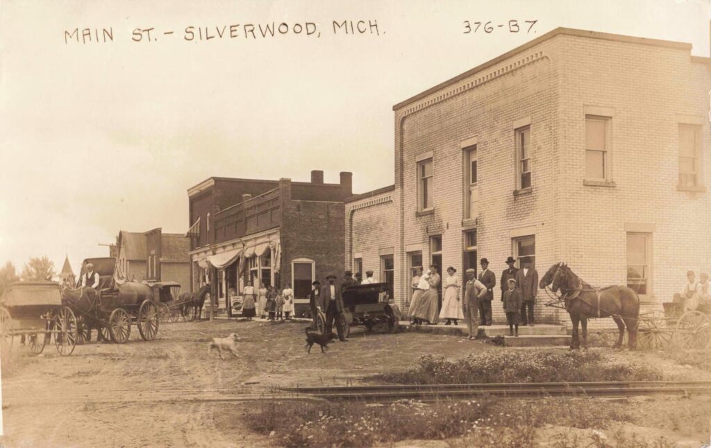 Horse teams, wagons and residents gather beside Silverwood’s brick and frame commercial buildings. Rail or industrial track appears in the foreground.