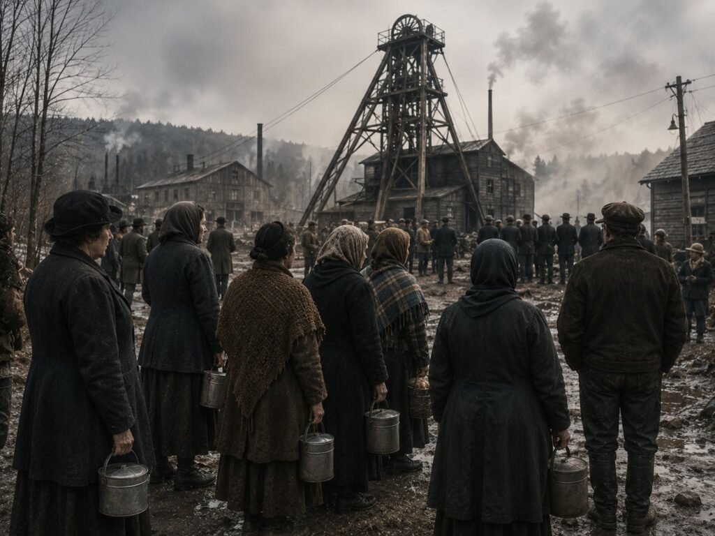 Crowd gathers near mining disaster site.