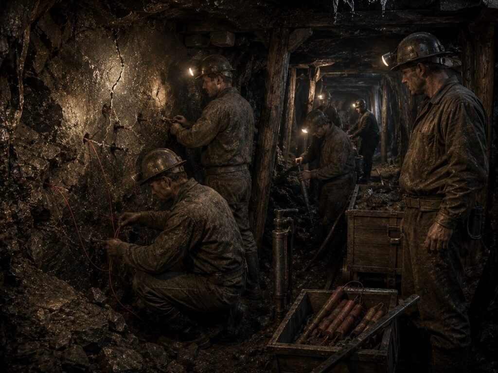 miners working in dark underground tunnel