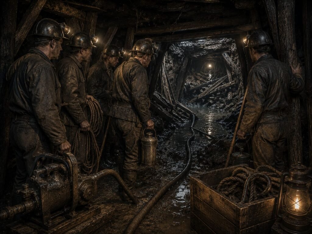 miners in dark, flooded tunnel