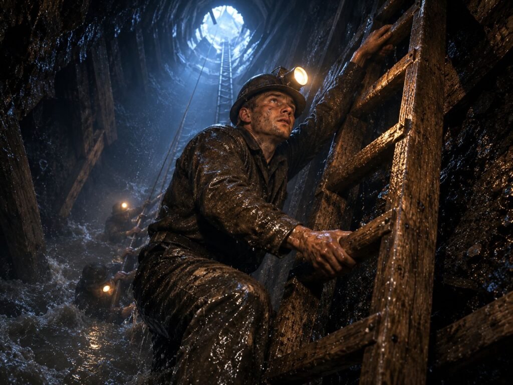 Miner climbing a muddy wooden ladder