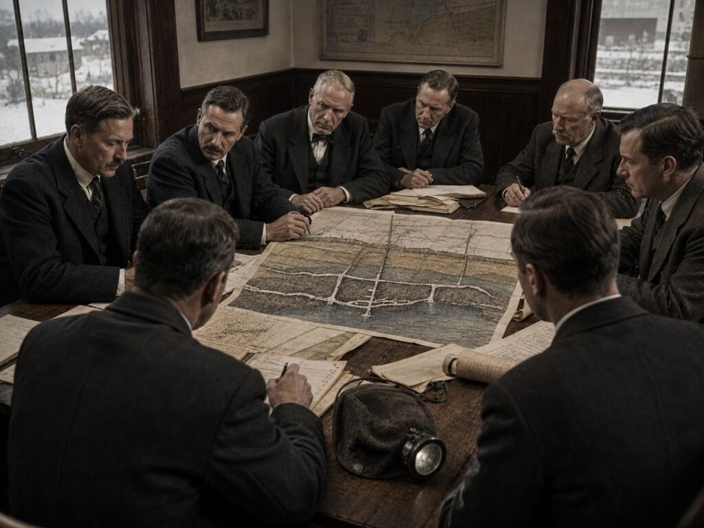 Men discussing plans over a map.