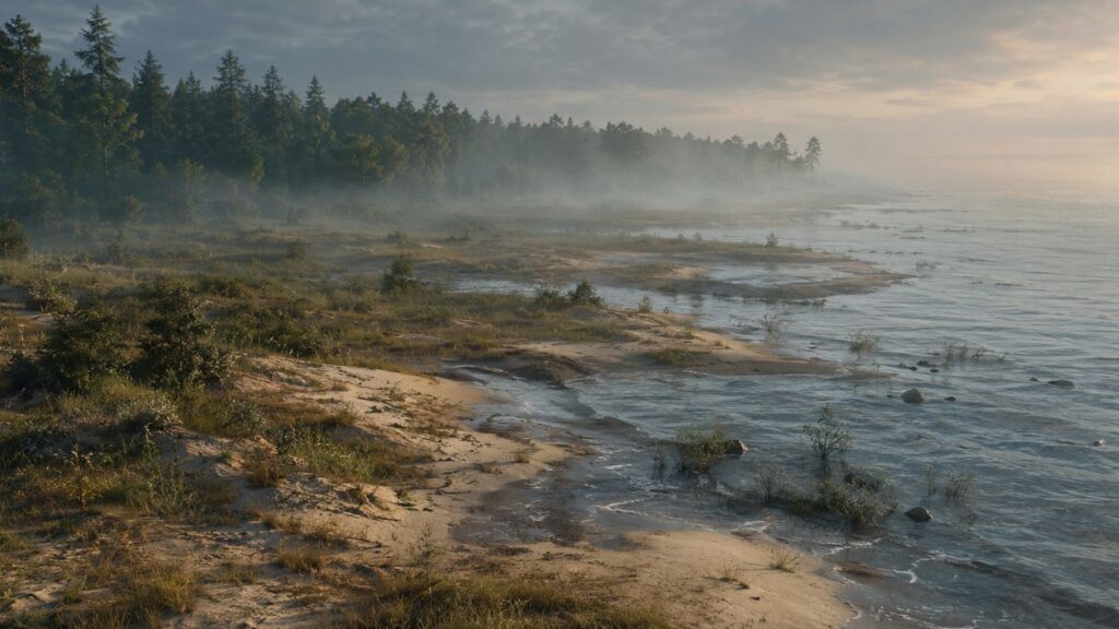 Foggy shoreline with trees and water