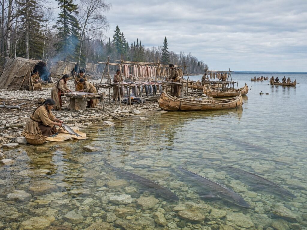 Indigenous people fishing by the shore.