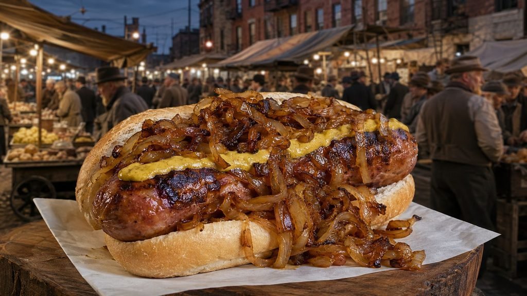 Sausage sandwich with caramelized onions
