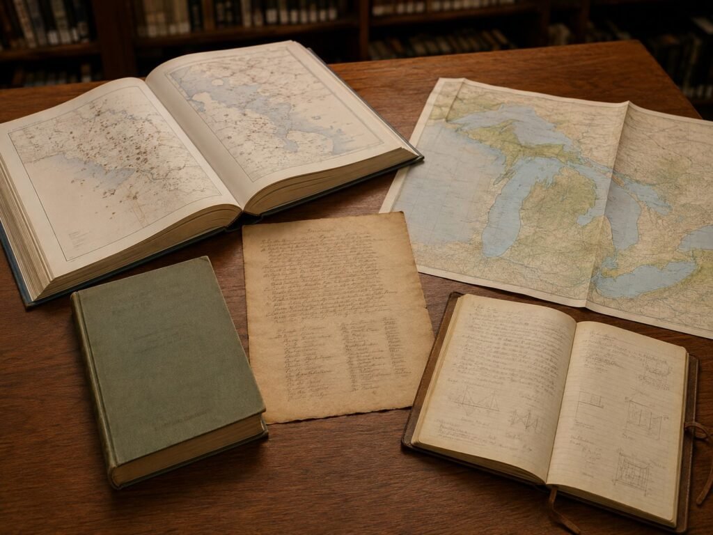 Old maps and books on table