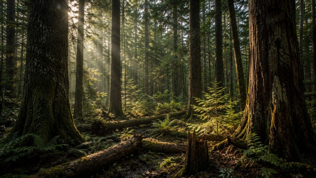 Sunlight filtering through dense forest