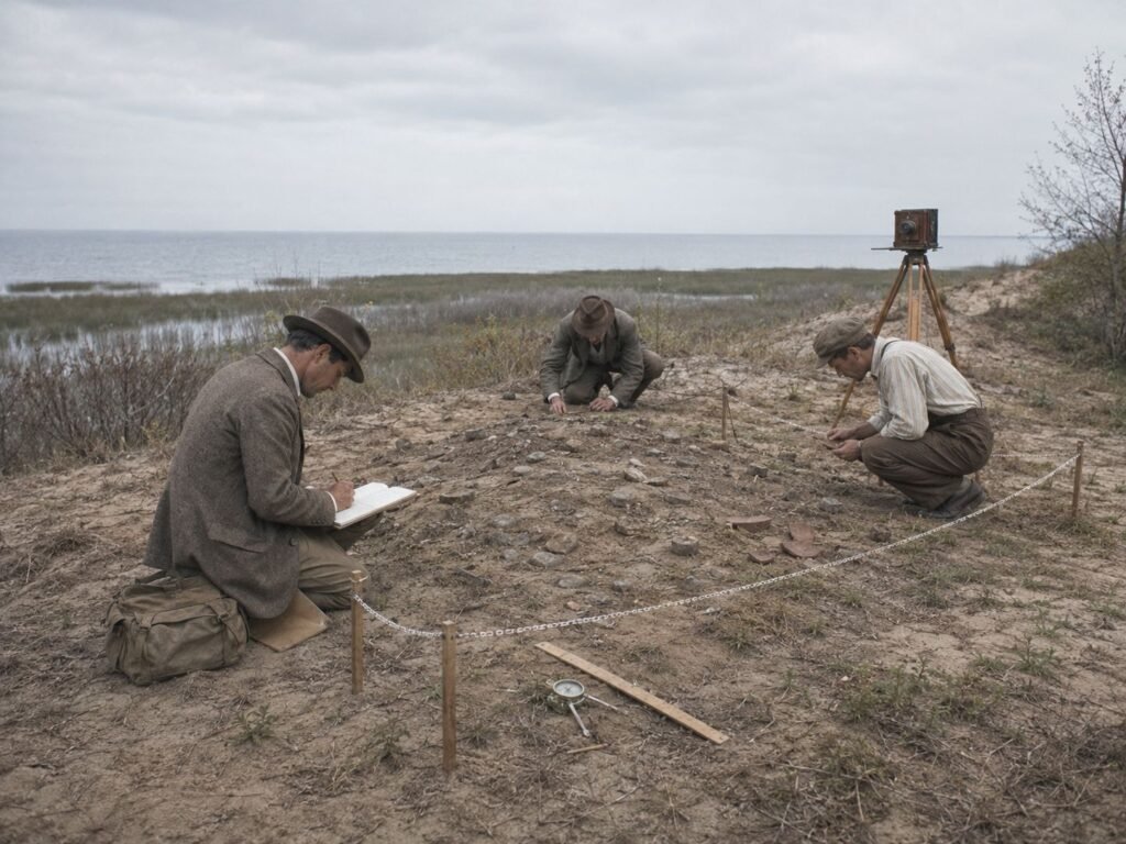 Archaeologists studying a historical site.