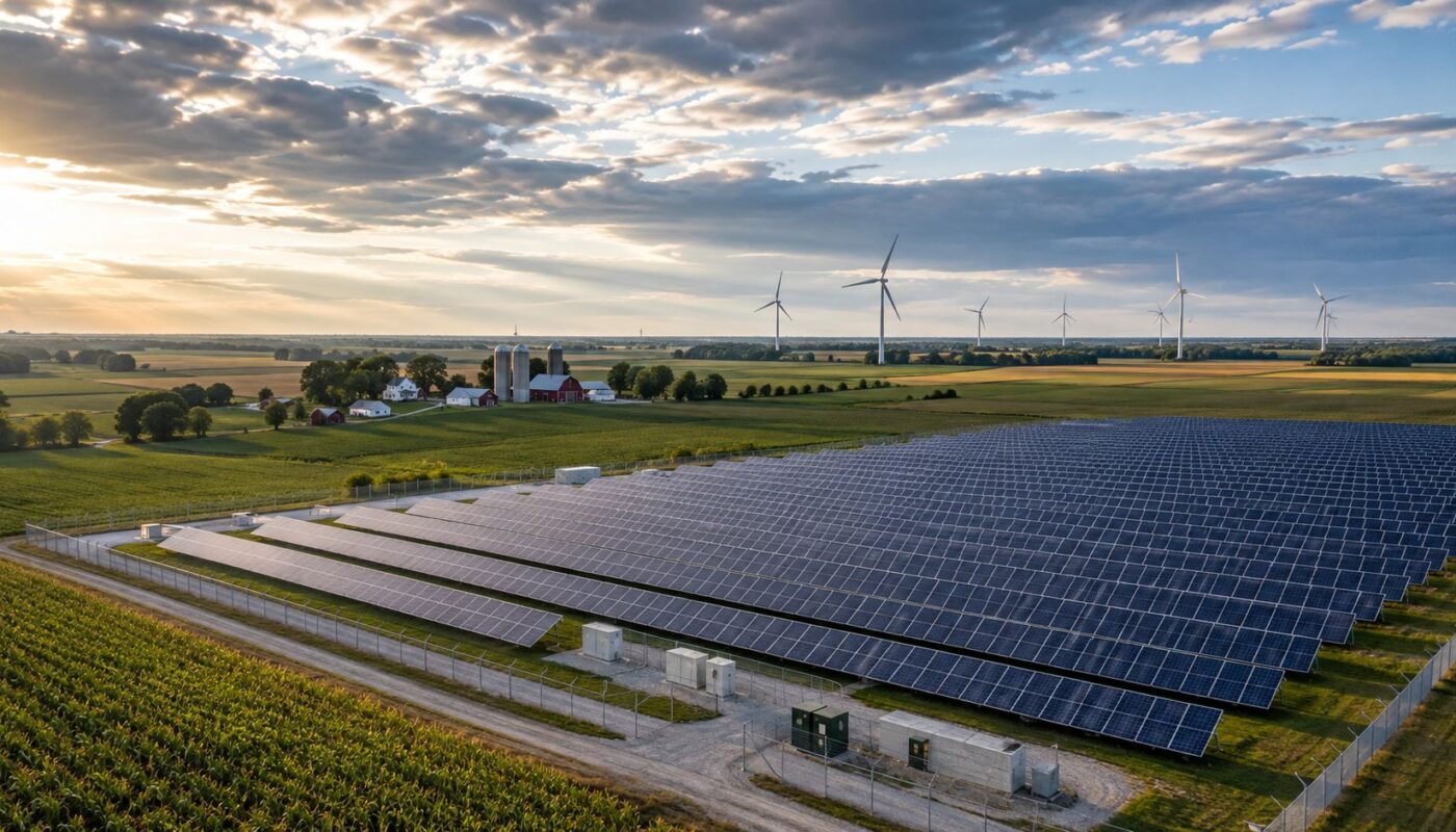 Rows of solar panels on Michigan farmland with wind turbines visible in the distance