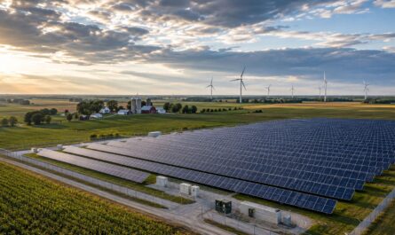 Rows of solar panels on Michigan farmland with wind turbines visible in the distance