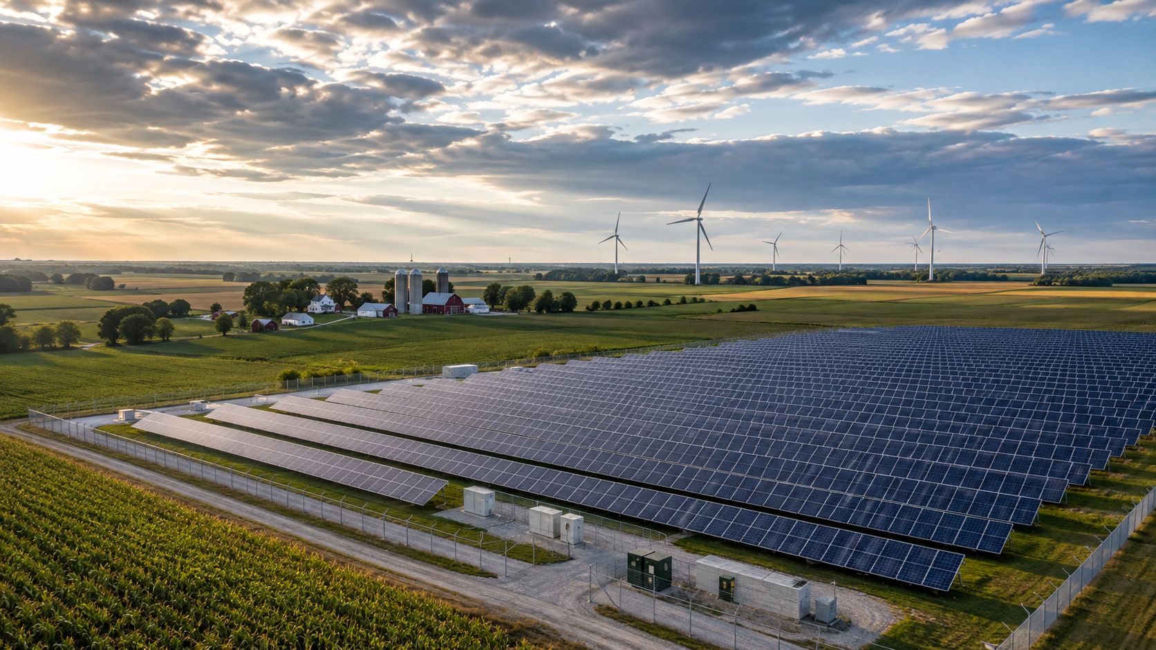 Rows of solar panels on Michigan farmland with wind turbines visible in the distance