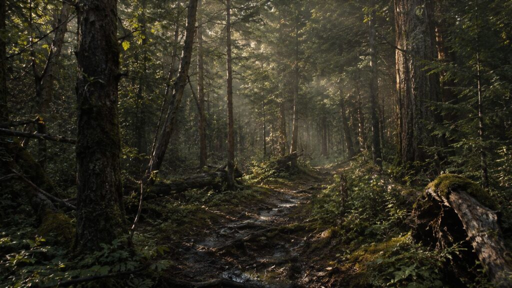 Misty forest trail with sunlight filtering