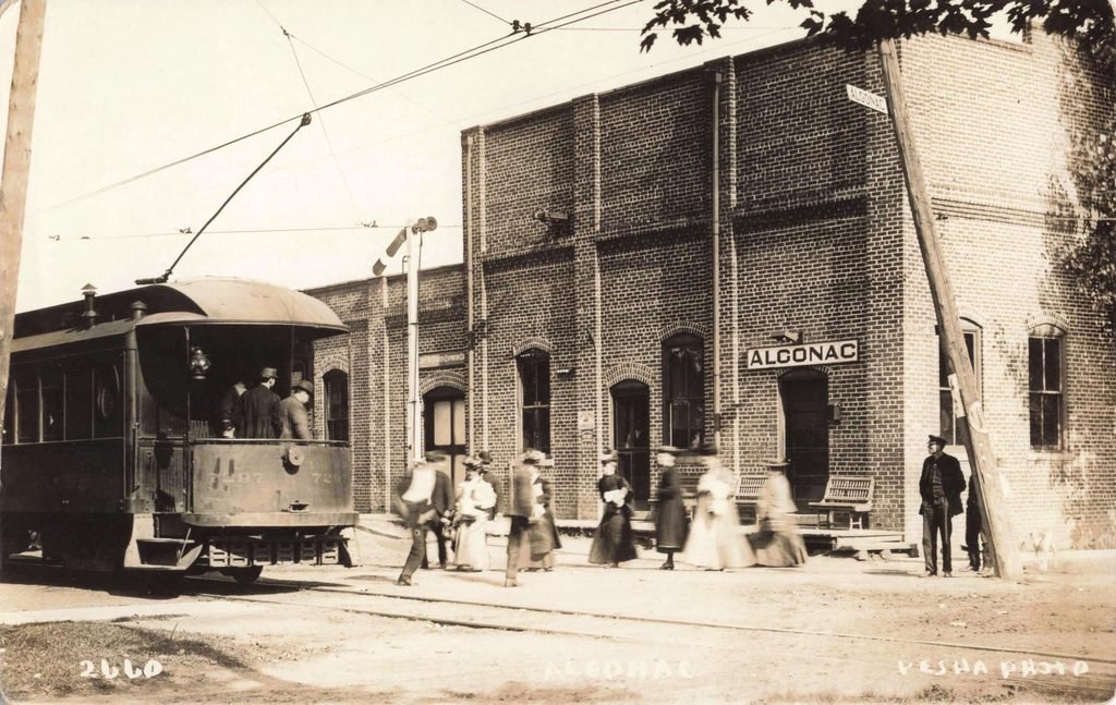 Historic train station with pedestrians