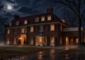 Spooky mansion illuminated by moonlight