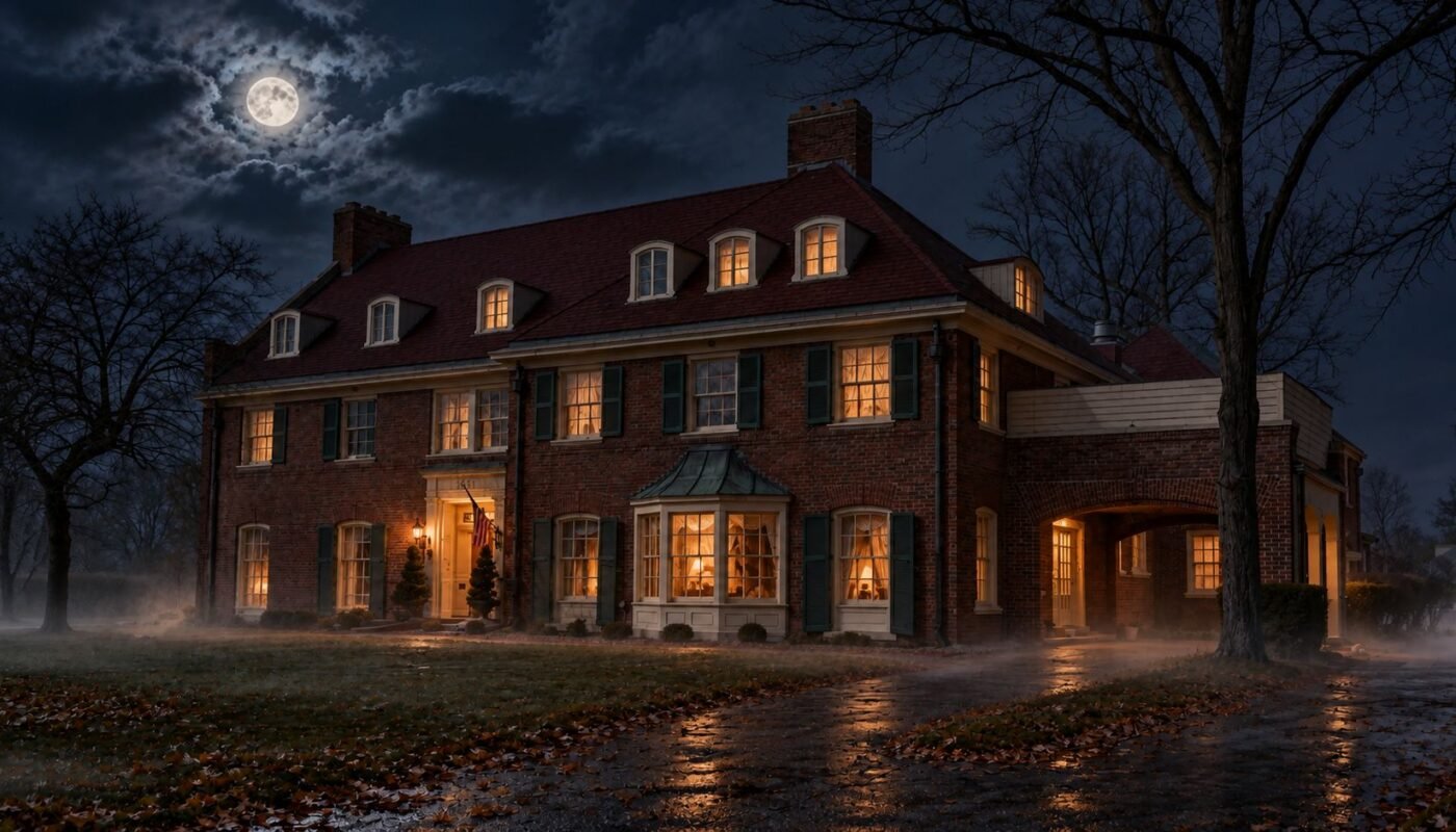 Spooky mansion illuminated by moonlight