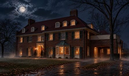 Spooky mansion illuminated by moonlight