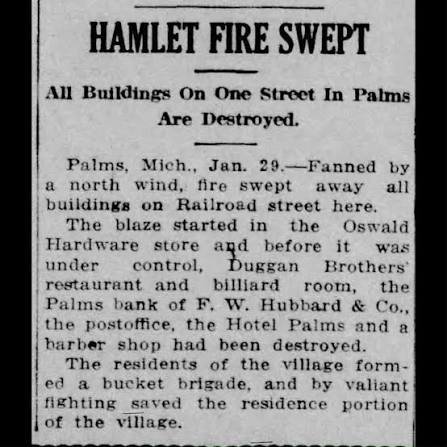 1916 newspaper report about the fire that destroyed businesses in Palms Michigan