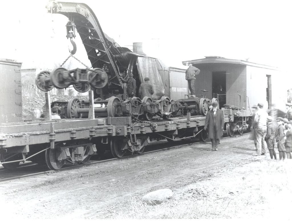 Pere Marquette train wreck cleanup near Ruth Michigan with railroad wrecking crane